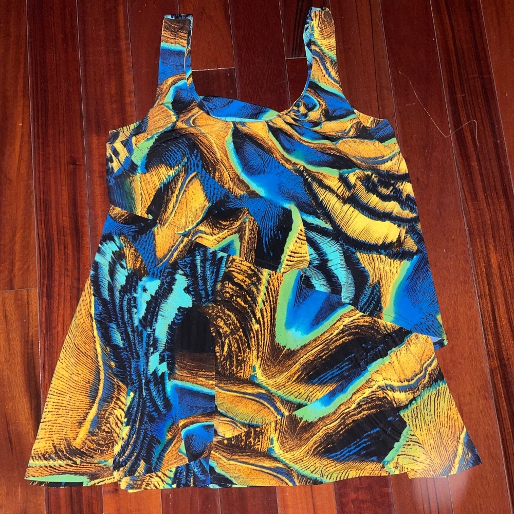 Eva Varro ruffle top blouse blue yellow size small runs like medium